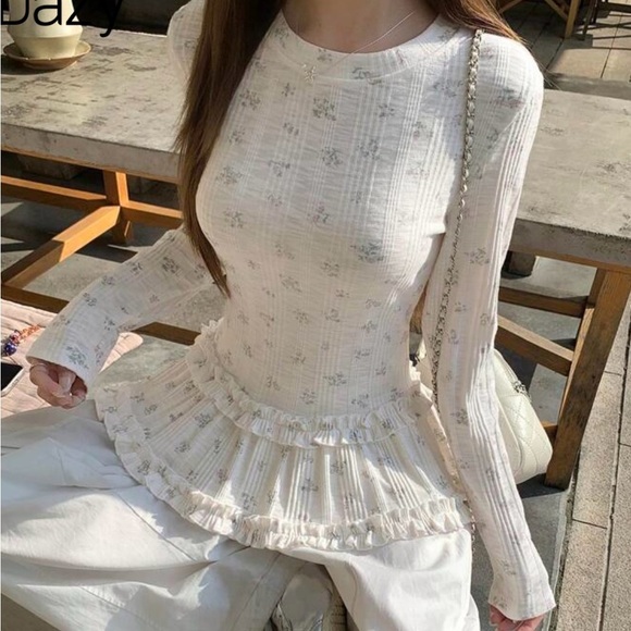 Cream Peplum Blouse with Long Sleeves - Picture 2 of 10